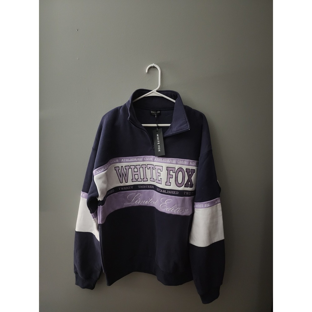 White Fox Athleisure Club Quarter Zip Sweatshirt Navy Purple White M/L NEW